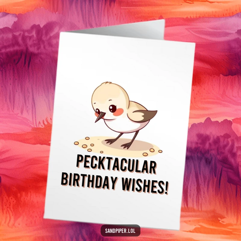 Funny Free Printable Birthday Card: Small sandpiper character excitedly pecking sand, a charming downloadable birthday message.