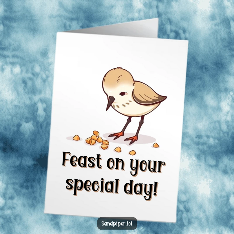 Funny Free Printable Birthday Card: A sandpiper enthusiastically pecking at delicious scattered crumbs, enjoying a birthday feast.