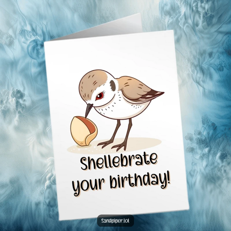 Funny Free Printable Birthday Card: Cute sandpiper looking down with curiosity at a detailed seashell on a sandy beach.
