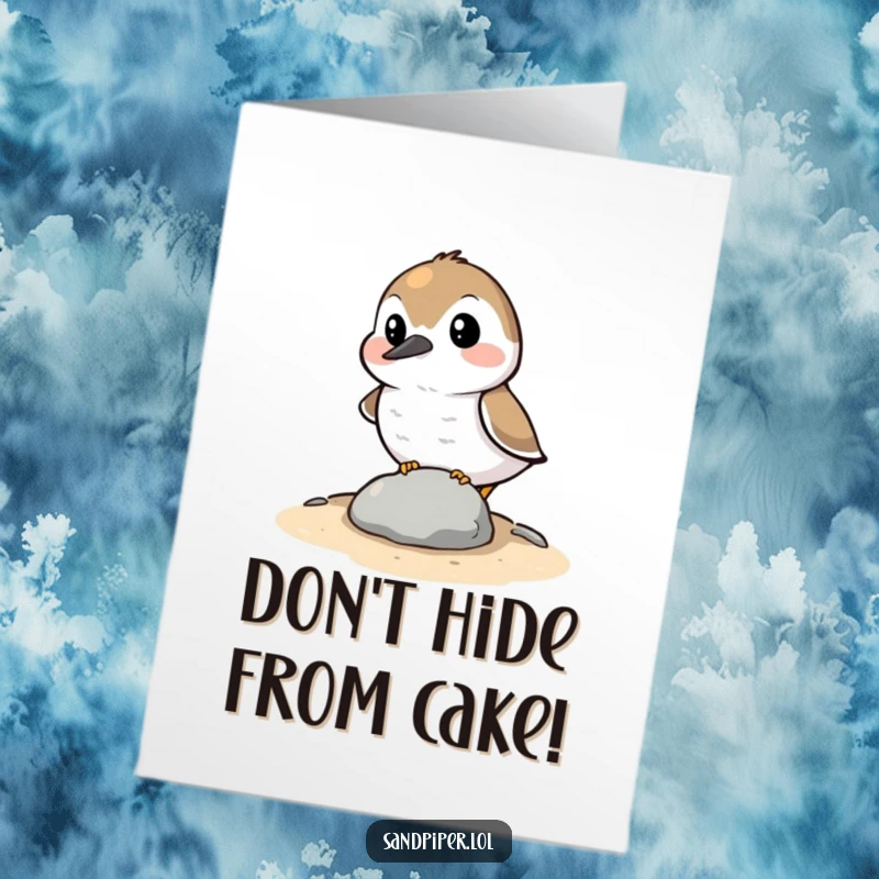 Funny Free Printable Birthday Card: A sandpiper comically tries to hide behind a tiny stone, failing spectacularly.