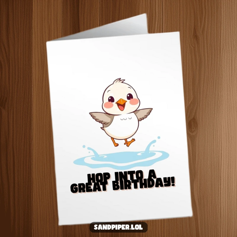 Funny Free Printable Sandpiper Birthday Card: A sandpiper joyfully hops over small waves, celebrating their birthday.