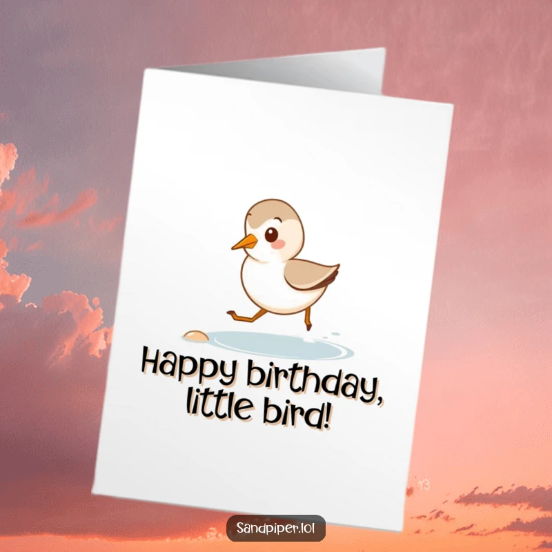 Funny Free Printable Birthday Card: A cute sandpiper happily running with short legs along a miniature sandy shore.