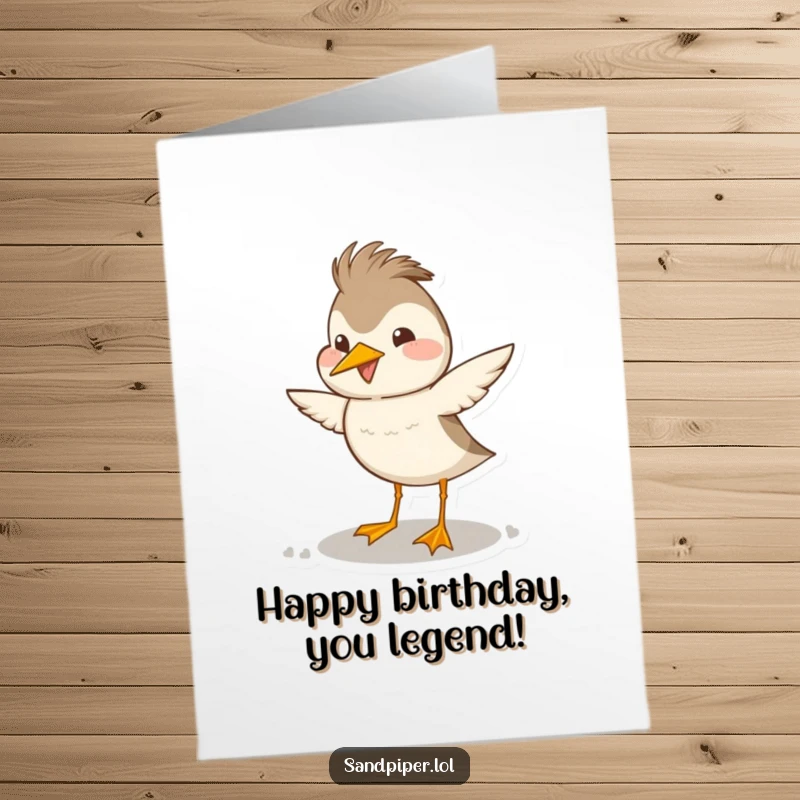 Funny free printable birthday card showing a sandpiper doing a happy, exaggerated head bob, a joyous downloadable greeting.
