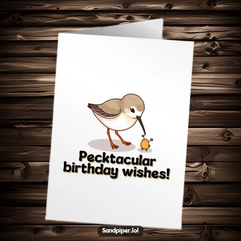 Funny Free Printable Birthday Card: Cute sandpiper playfully pecking the air, chasing a tiny imaginary bug with great focus.