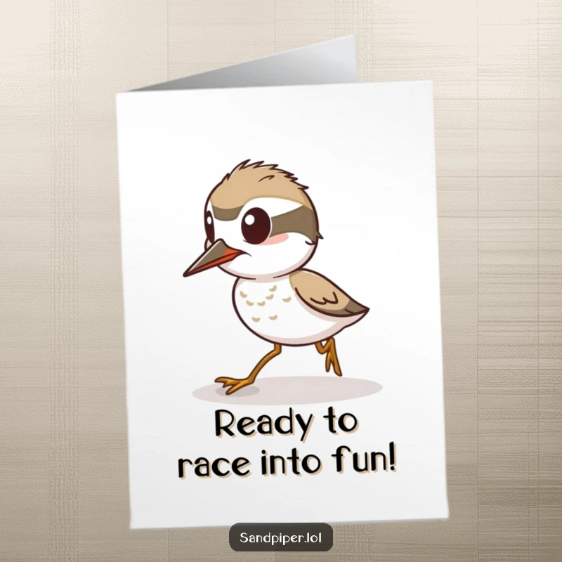 Funny Free Printable Birthday Card: An alert sandpiper stands poised, ready to sprint with energetic humor.