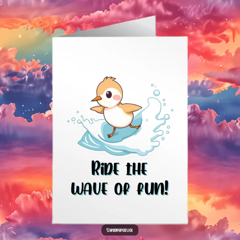 Funny Free Printable Birthday Card: Playful sandpiper joyfully pursuing a frothy ocean wave. A humorous 'Happy Birthday' greeting.
