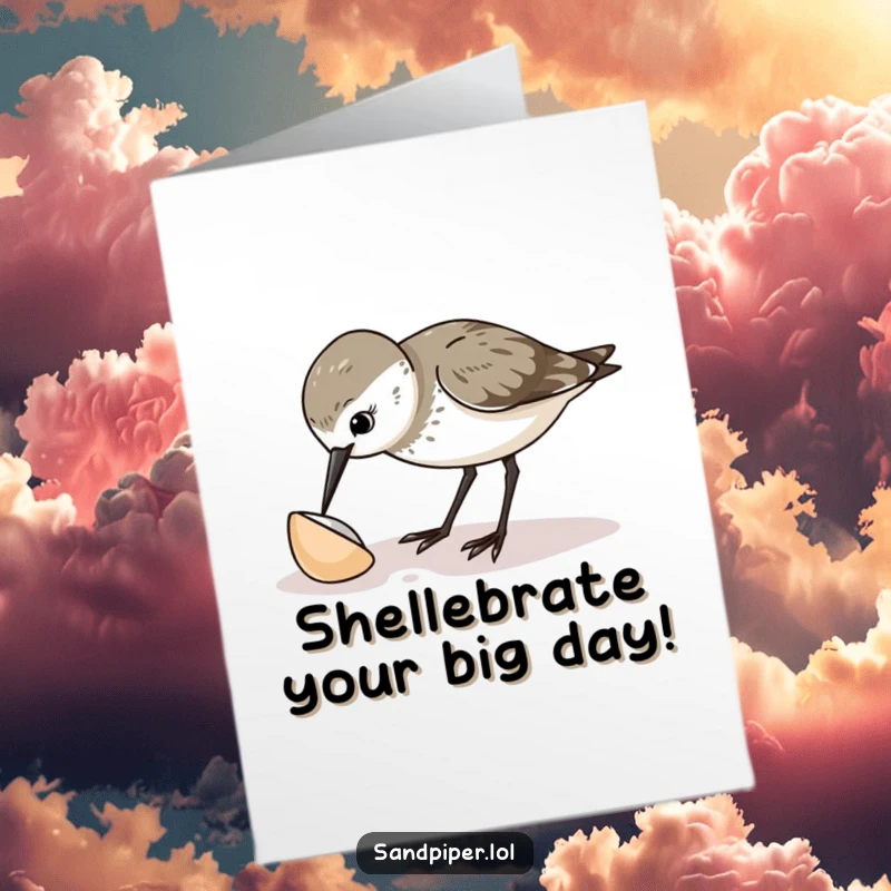 Funny Free Printable Birthday Card: A sandpiper pecks curiously at a tiny shell, looking bewildered. Perfect for nature lovers.