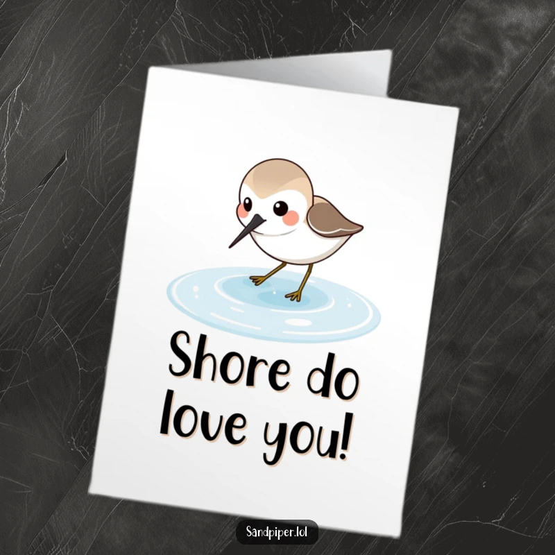 Free Printable Birthday Card: Sandpiper character joyfully probing in shallow water, looking for treasures.