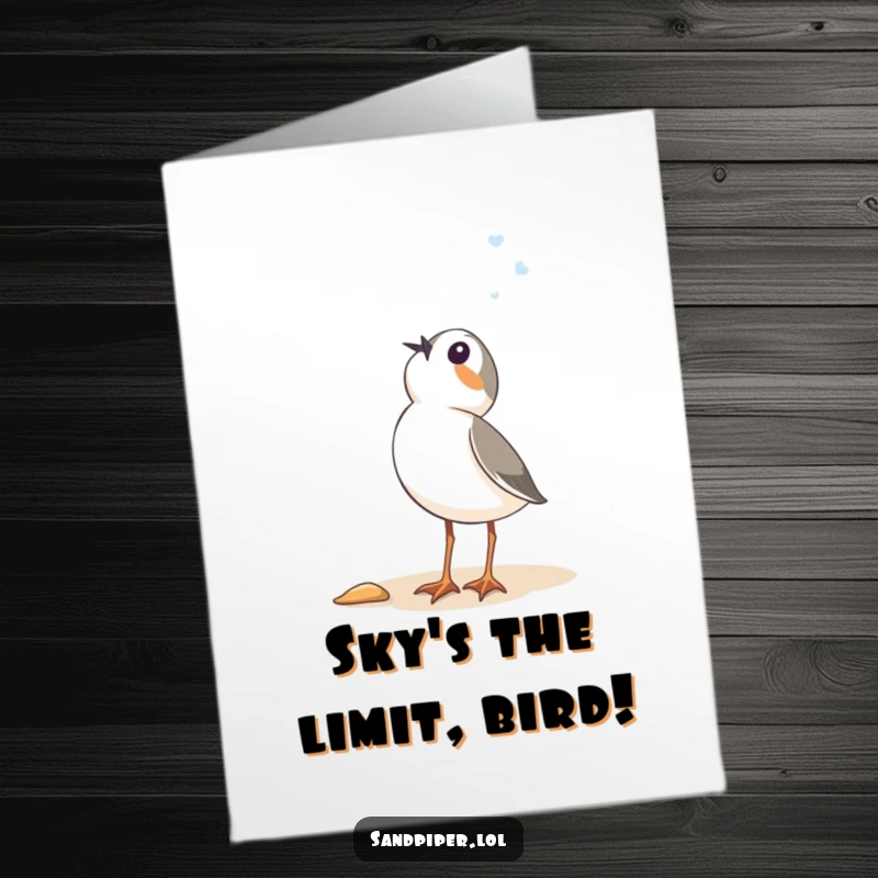 Funny Free Printable Birthday Card: Sandpiper gazing skyward with wide-eyed wonder and a hint of birthday magic.