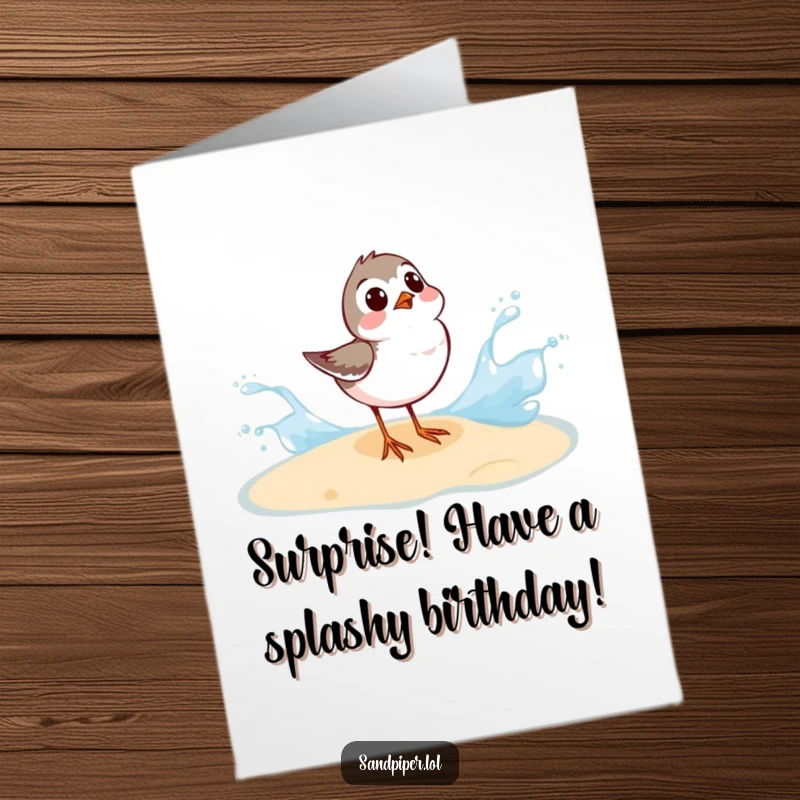 Funny Free Printable Sandpiper Birthday Card, bird looks surprised by a big wave splash, comical beach reaction