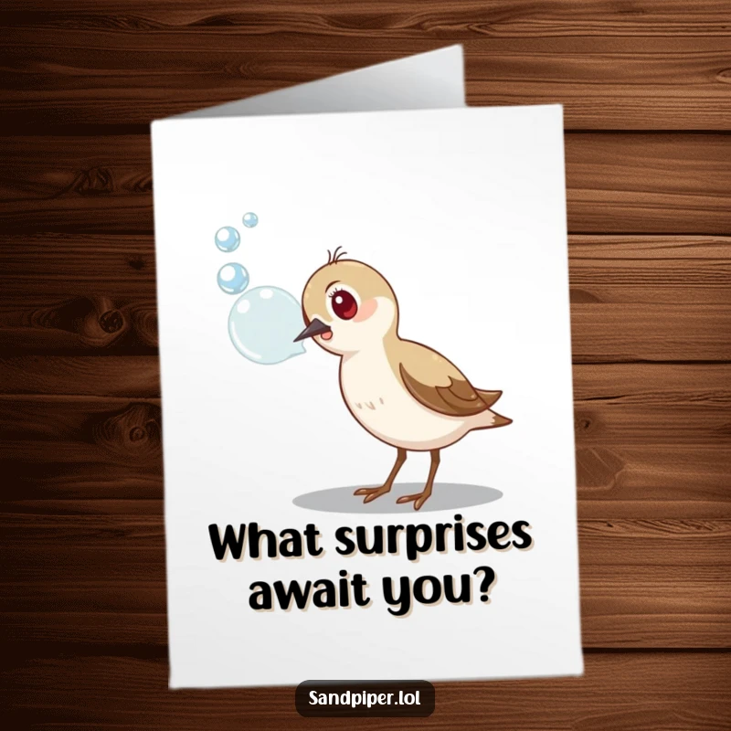Funny Free Printable Sandpiper Birthday Card: A sandpiper curiously tilts its head, contemplating a floating foamy bubble with a quizzical look.