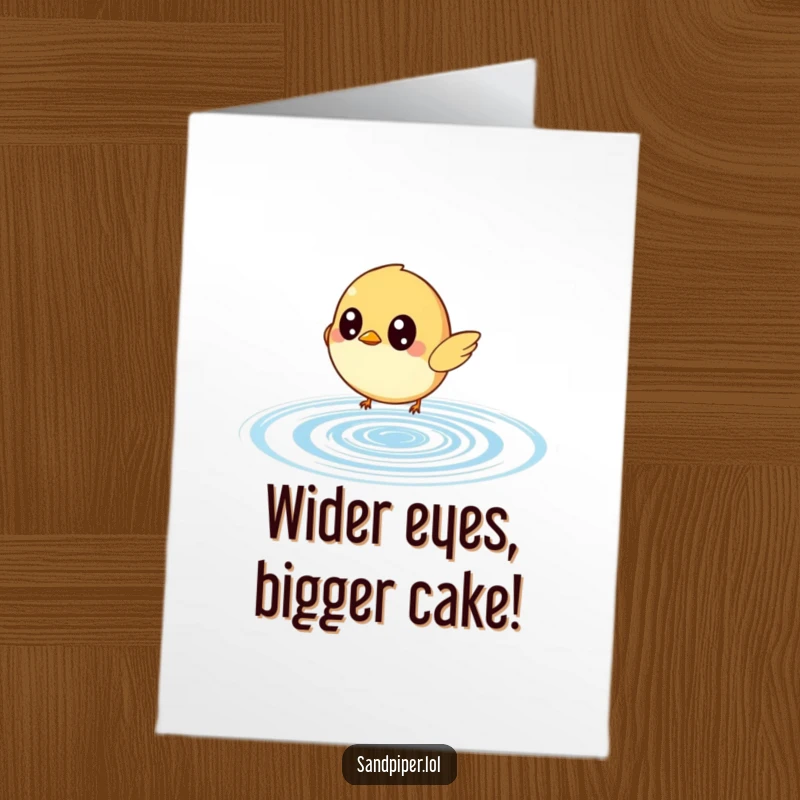 Funny free printable birthday card featuring a wide-eyed bird comically chasing a bouncing ripple, ready to deliver laughs.