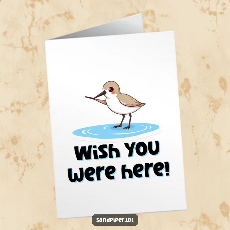 Funny Free Printable Sandpiper Birthday Card, bird pointing beak towards the vast ocean, direction and adventure theme