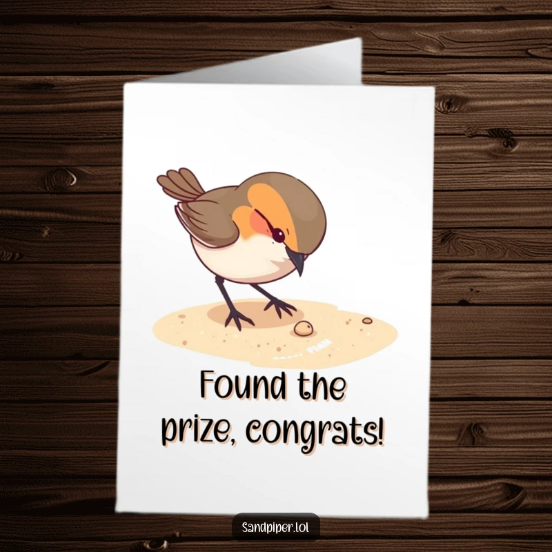 Intriguing Free Printable Congratulations Card featuring a bird focused on a tiny discovery in the sand.