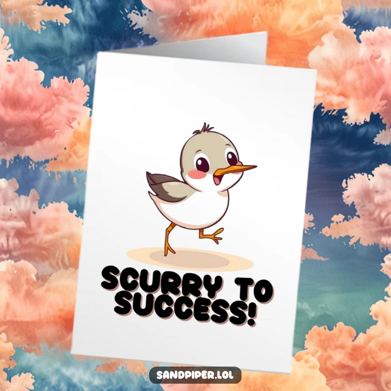 Funny Free Printable Congratulations Card: A sandpiper performs a hilarious sideways scurry, celebrating achievement with energy.