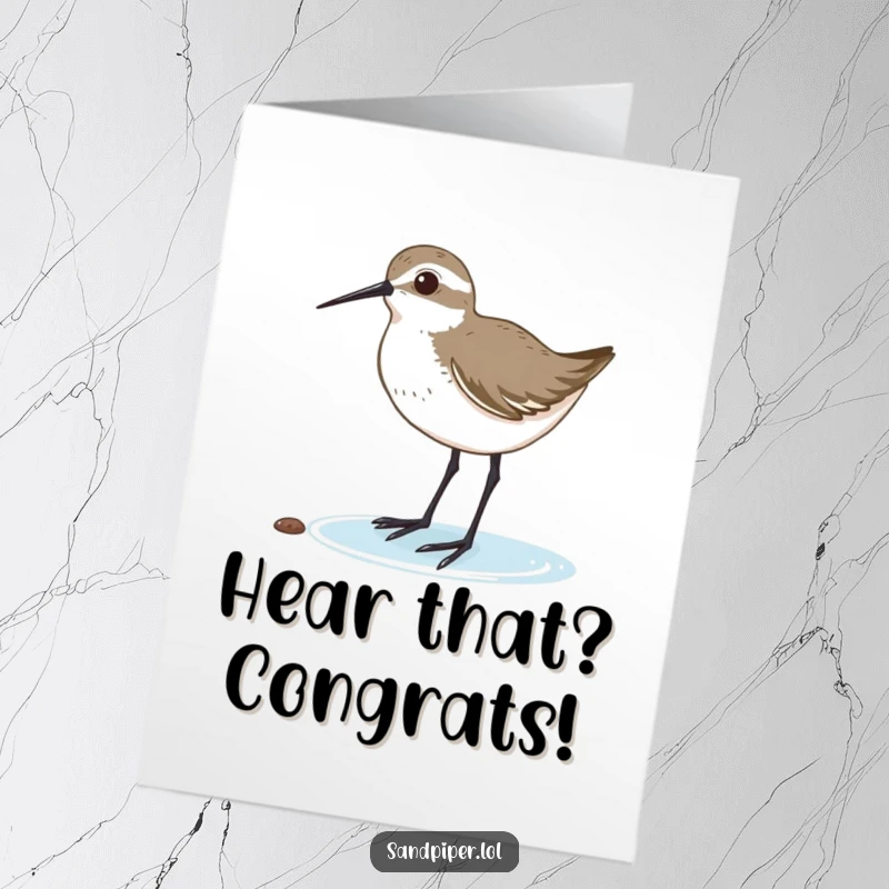 Funny Free Printable Congrats Card: Cute sandpiper with head tilted, listening intently, celebrating your great news.