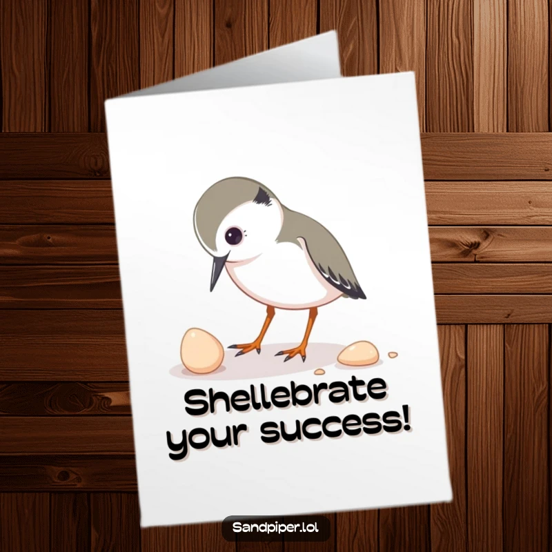 Funny Free Printable Congratulations Card: A sandpiper pecks curiously at a tiny shell, exploring its secrets.