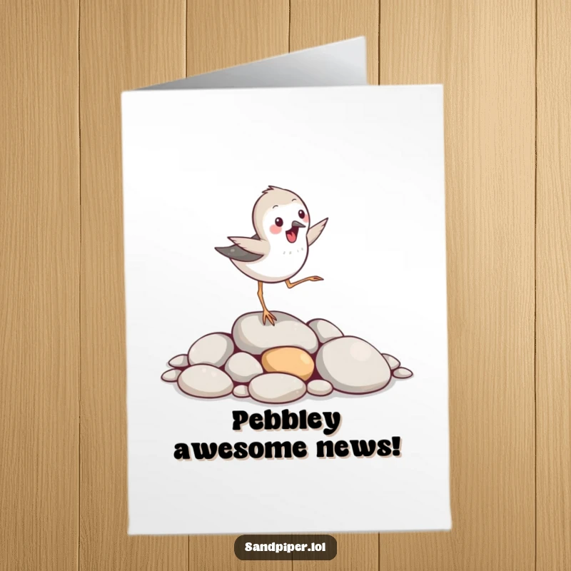 Funny Free Printable Congratulations Card showing a sandpiper bird joyfully hopping over a cluster of smooth pebbles.