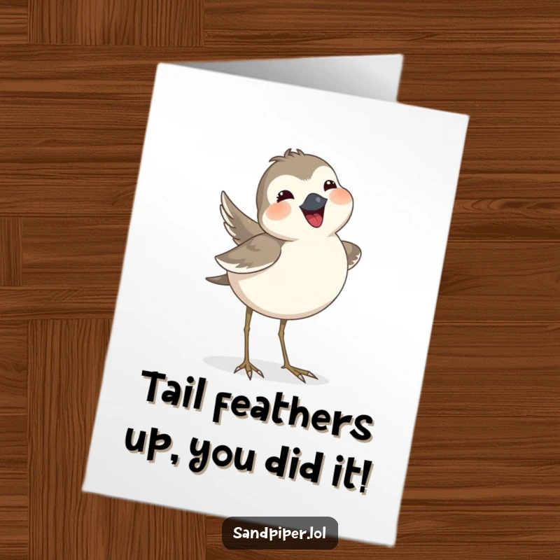 Funny Free Printable Congrats Card: A sandpiper joyfully wags its tail feathers in celebration. Success and happiness depicted.