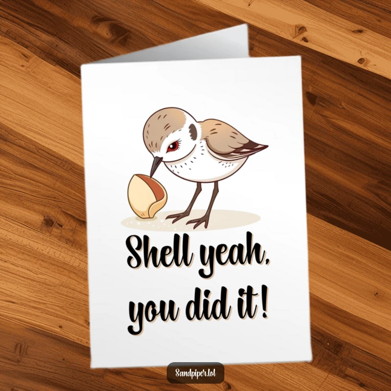 Funny Free Printable Congrats Card: Cute sandpiper gazing inquisitively down at a beautiful seashell, celebrating your discovery.