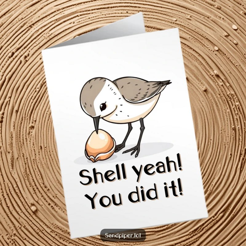 Funny Free Printable Congratulations Card with a sandpiper bird discovering a shiny shell, perfect for celebrating achievements.