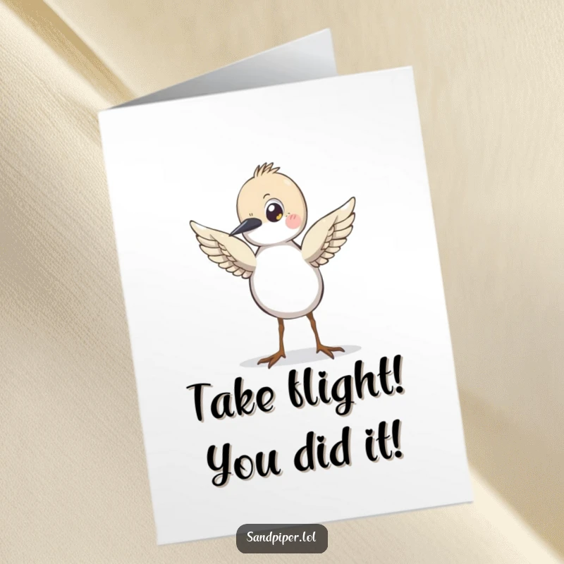 Funny Free Printable Congratulations Card: A sandpiper character with wings poised for flight, ready for takeoff.