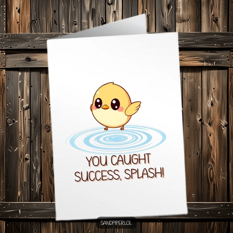 Free printable congratulations card: a comical bird with wide eyes enthusiastically chases a bouncing ripple, celebrating success with humor.