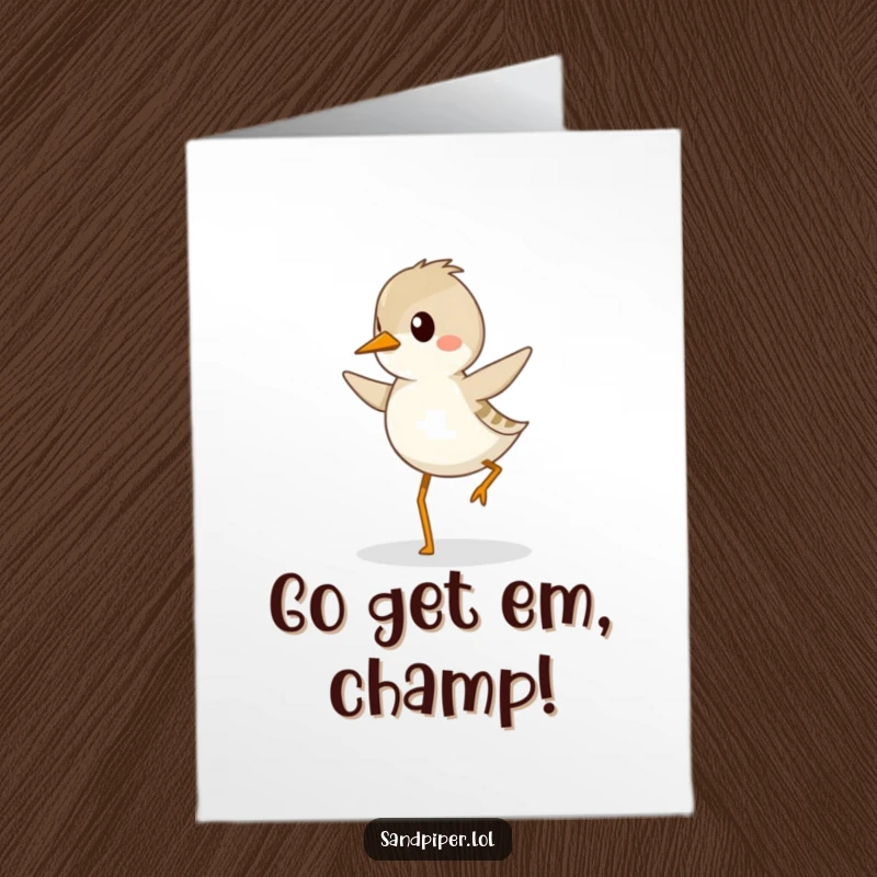 Funny Free Printable Congrats Card: Sandpiper joyfully hopping, celebrating success with a determined gait, unique downloadable.