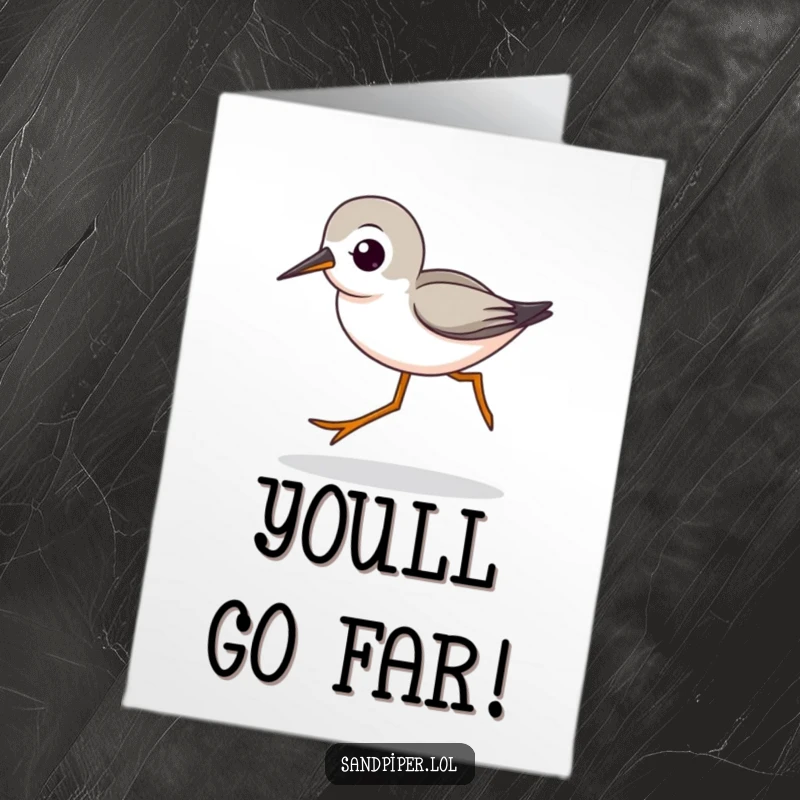 Funny free printable congratulations card: A cute sandpiper character moves quickly with its long legs in a characteristic stride.