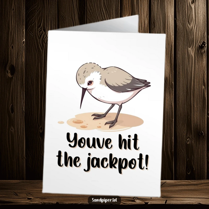Funny free printable congratulations card: A sandpiper character pecks the ground with a look of playful curiosity and interest.