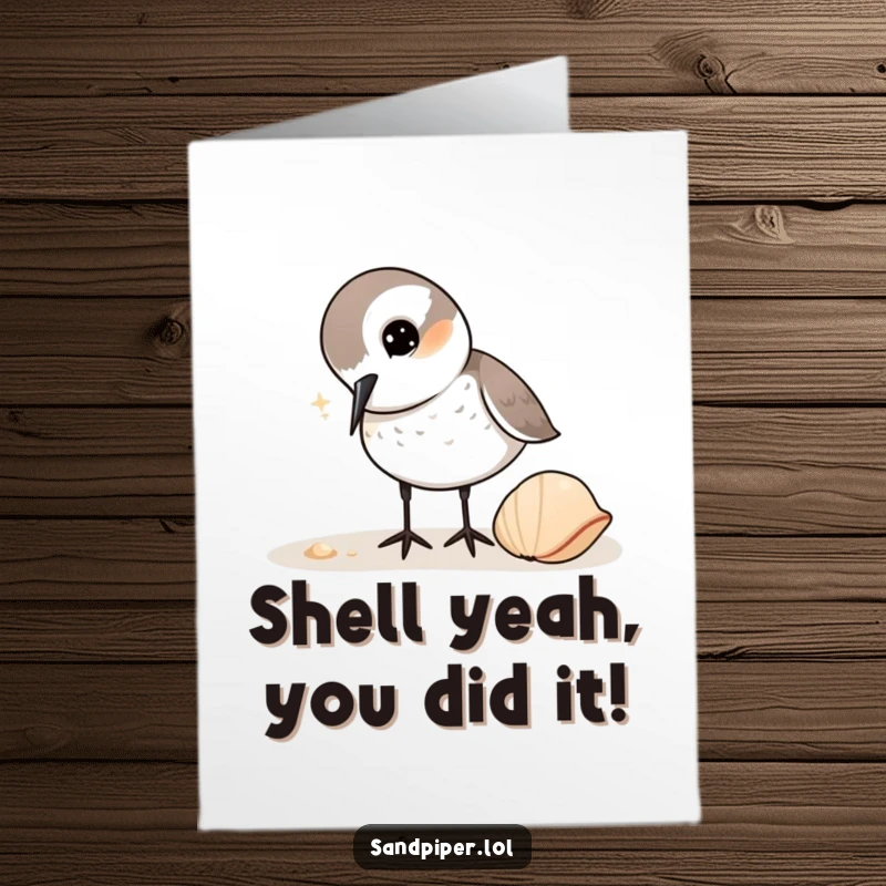Funny Free Printable Sandpiper Congratulations Card: A curious sandpiper examines a shell closely, celebrating your win.