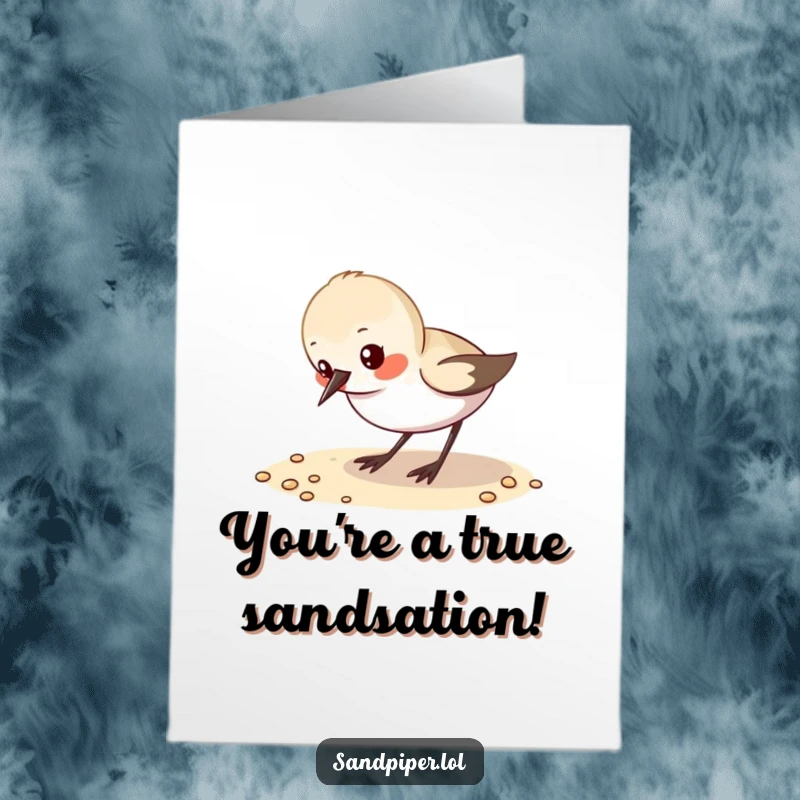 Funny Free Printable Congratulations Card: Excited sandpiper character busily pecking at sand, celebrating success with downloadable charm.