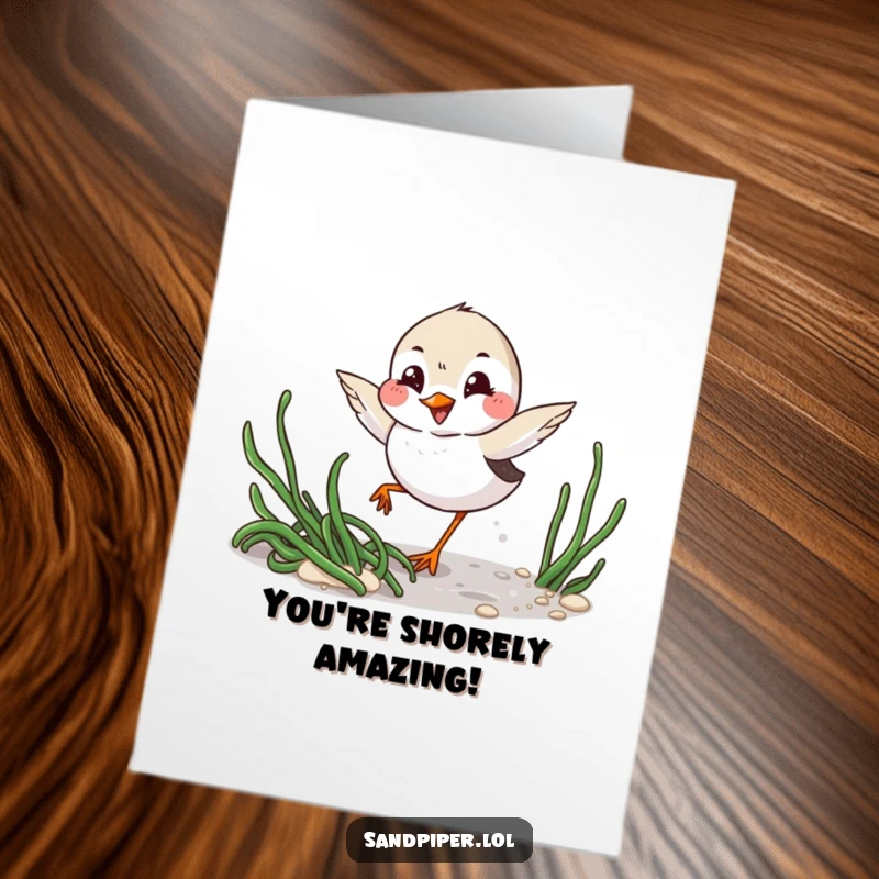 Free printable congratulations card with a mischievous sandpiper winking playfully while darting around seaweed, celebrating success with a cheeky vibe.