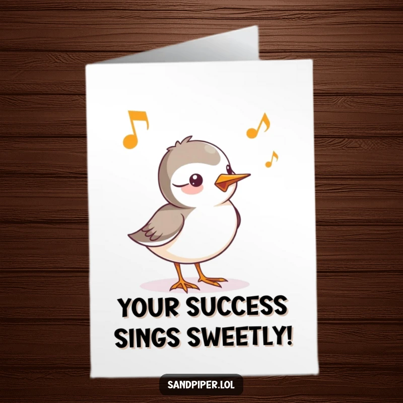 Free printable congratulations card: a sandpiper character’s cheerful chirp is shown as musical notes, celebrating a success with joyful sound.