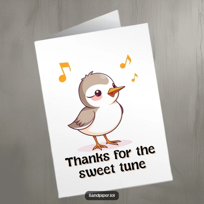 Funny free printable thank you card: a sandpiper character’s happy chirp is humorously represented by musical notes, a sound of thanks.