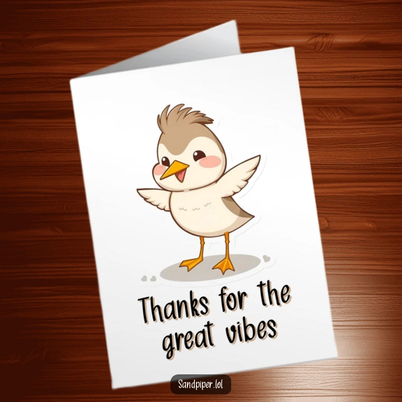 Funny free printable thank you card with a sandpiper doing a happy, exaggerated head bob, a cheerful downloadable message.