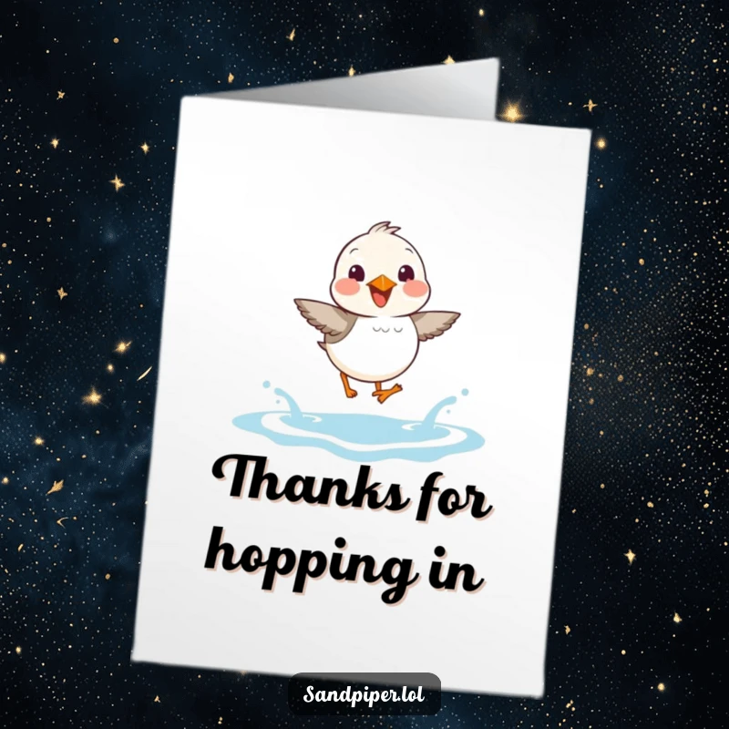 Funny Free Printable Sandpiper Thank You Card: A sandpiper joyfully hops over small waves, expressing thanks.