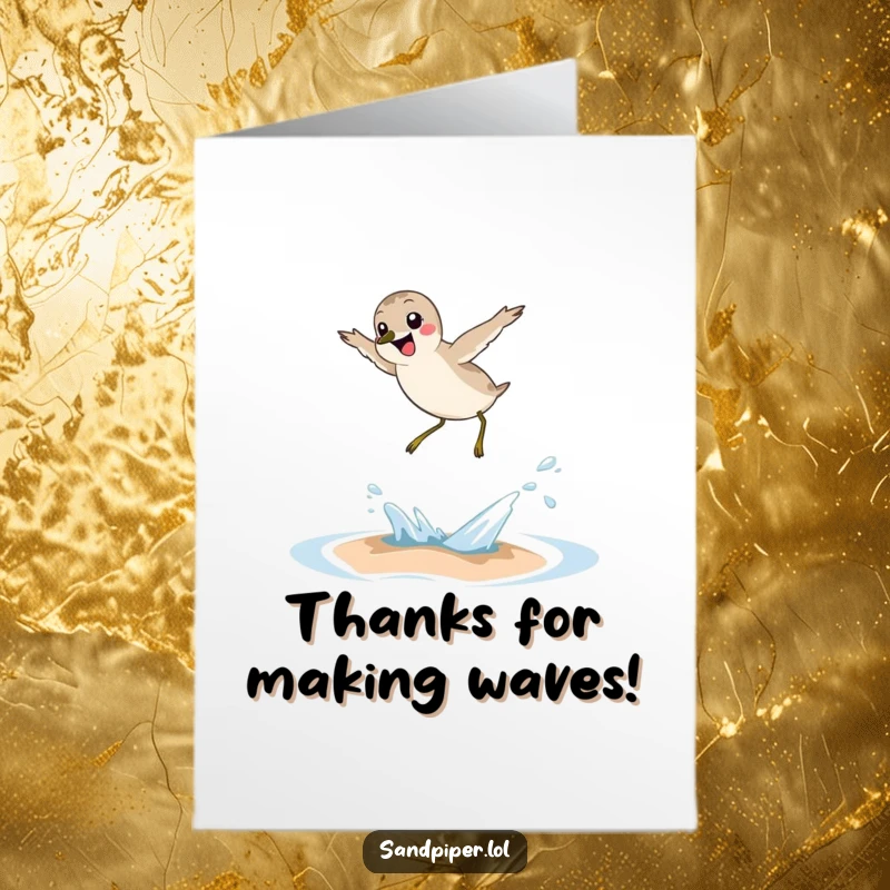 Funny Free Printable Sandpiper Thank You Card: A sandpiper in mid-air, joyfully leaping over a small wave.