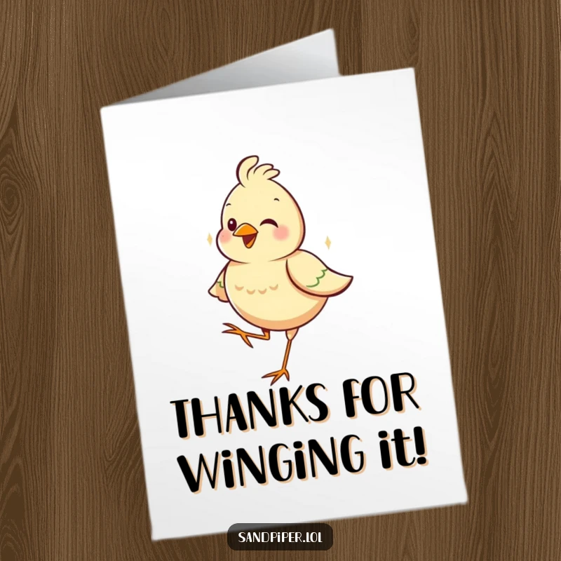 Funny Free Printable Thank You Card featuring a happy bird standing on one leg, expressing thanks with a cheerful demeanor.