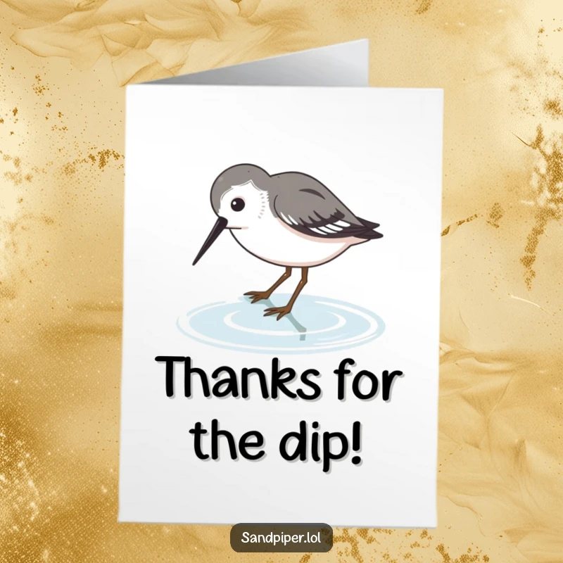 Funny Free Printable Thank You Card: A sandpiper character humorously dipping its beak into water, conveying thanks with a refreshing and cute gesture.