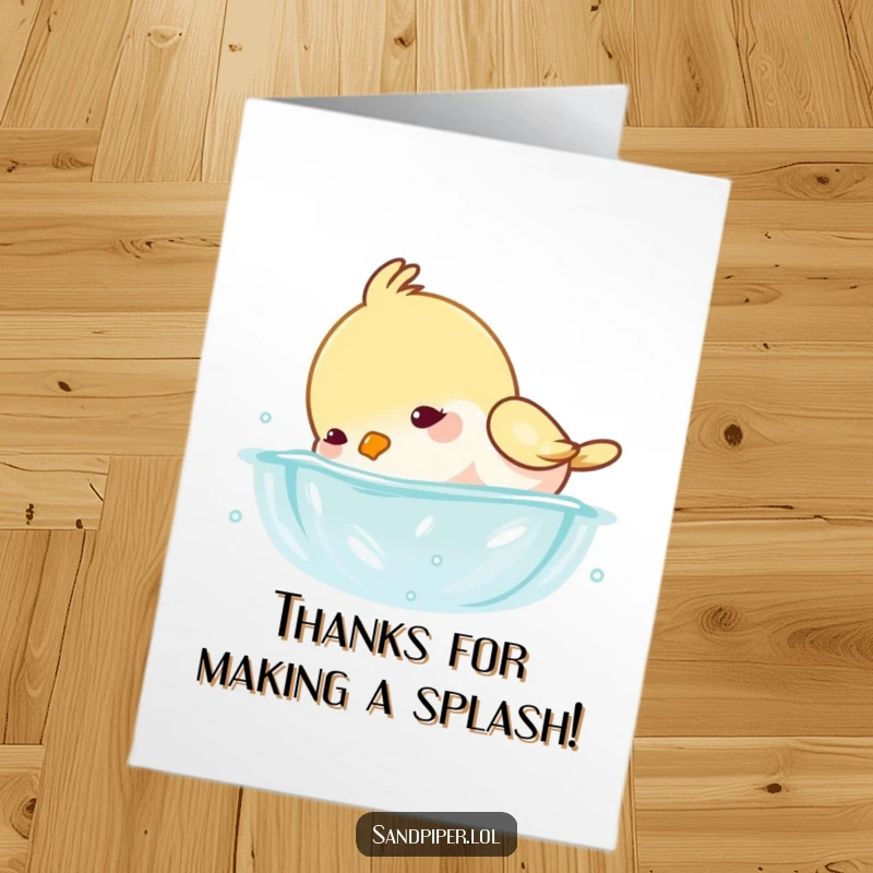 Funny Free Printable Thank You Card showing a bird playfully splashing water as it dips its head, expressing thanks.