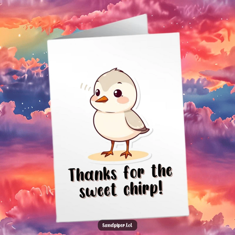 Funny Free Printable Thank You Card: Sandpiper with a cheerful chirp and visible sound waves, a humorous downloadable.