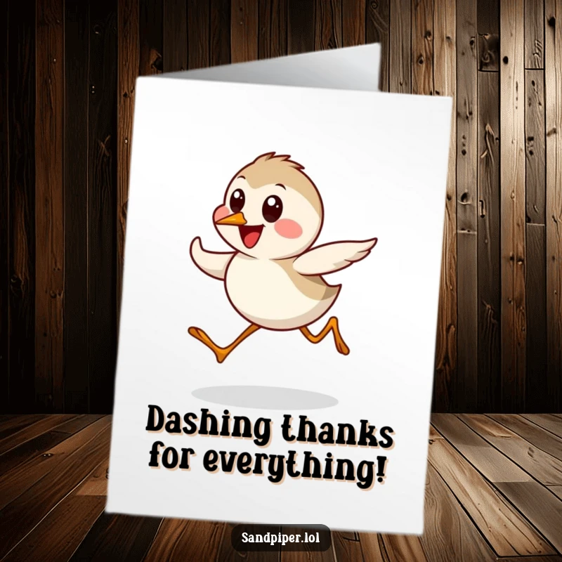 Funny Free Printable Thank You Card: A sandpiper sprinting with happiness, perfect for sending a fast and funny thank you. A DIY greeting.