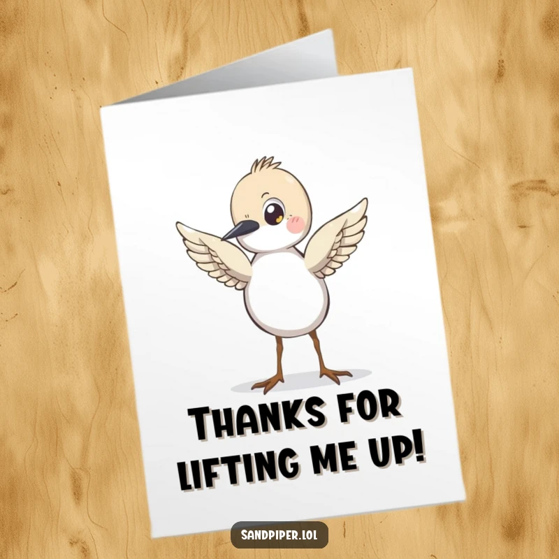 Funny Free Printable Thank You Card: A sandpiper character stands on the brink of flight, wings uplifted.