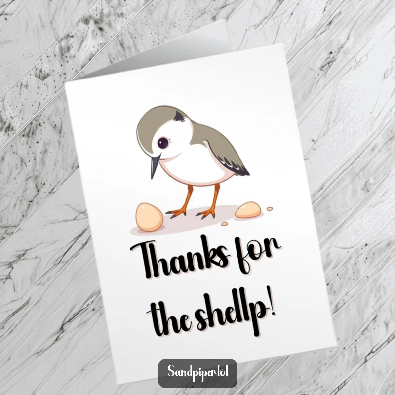 Funny Free Printable Thank You Card: A sandpiper character curiously pecks at a small shell on the shore.