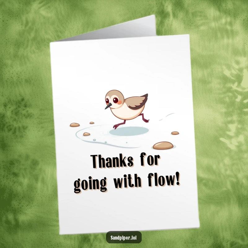 Funny Free Printable Thank You Card: A sandpiper playfully chasing a retreating tide, symbolizing a fun pursuit of thanks.