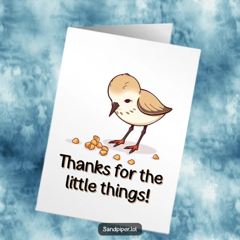 Funny Free Printable Thank You Card: A sandpiper with great focus pecking enthusiastically at scattered crumbs, saying thanks.