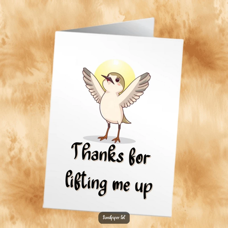 Funny Free Printable Thank You Card with a sandpiper bird stretching its wings upwards, welcoming the sun, perfect for thanks.
