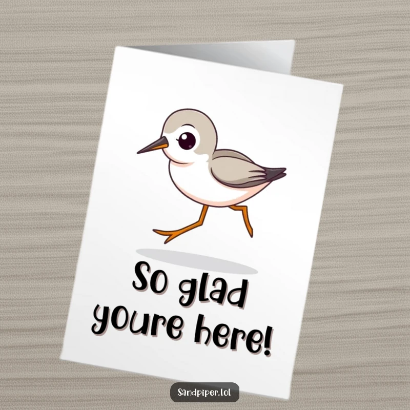 Funny free printable thank you card: A cute sandpiper character strides quickly with its long legs, offering thanks.