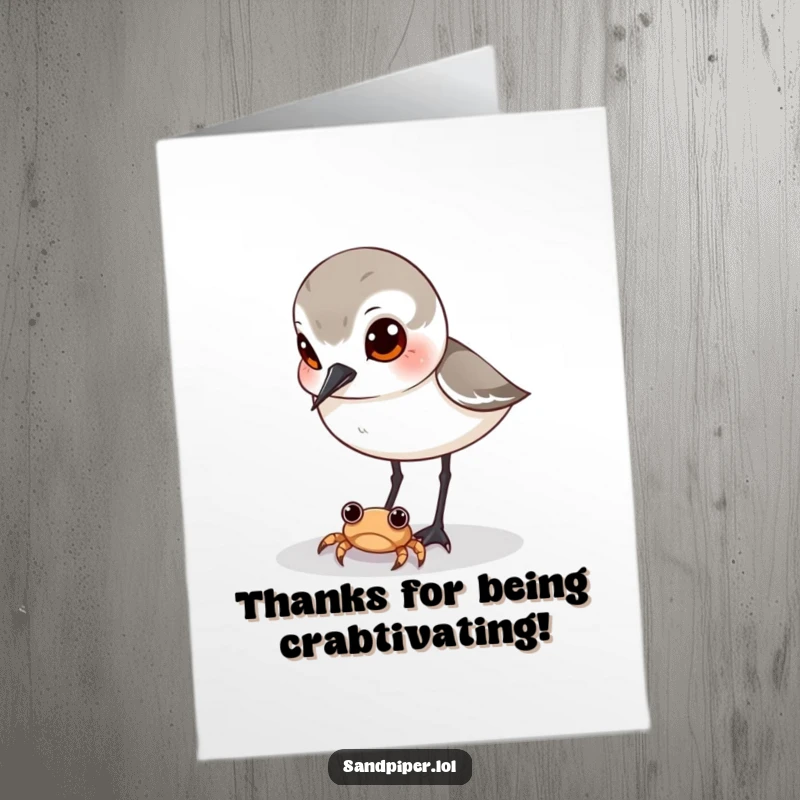 Funny Free Printable Sandpiper Thank You Card: A curious sandpiper peeking at a tiny crab on the sand.